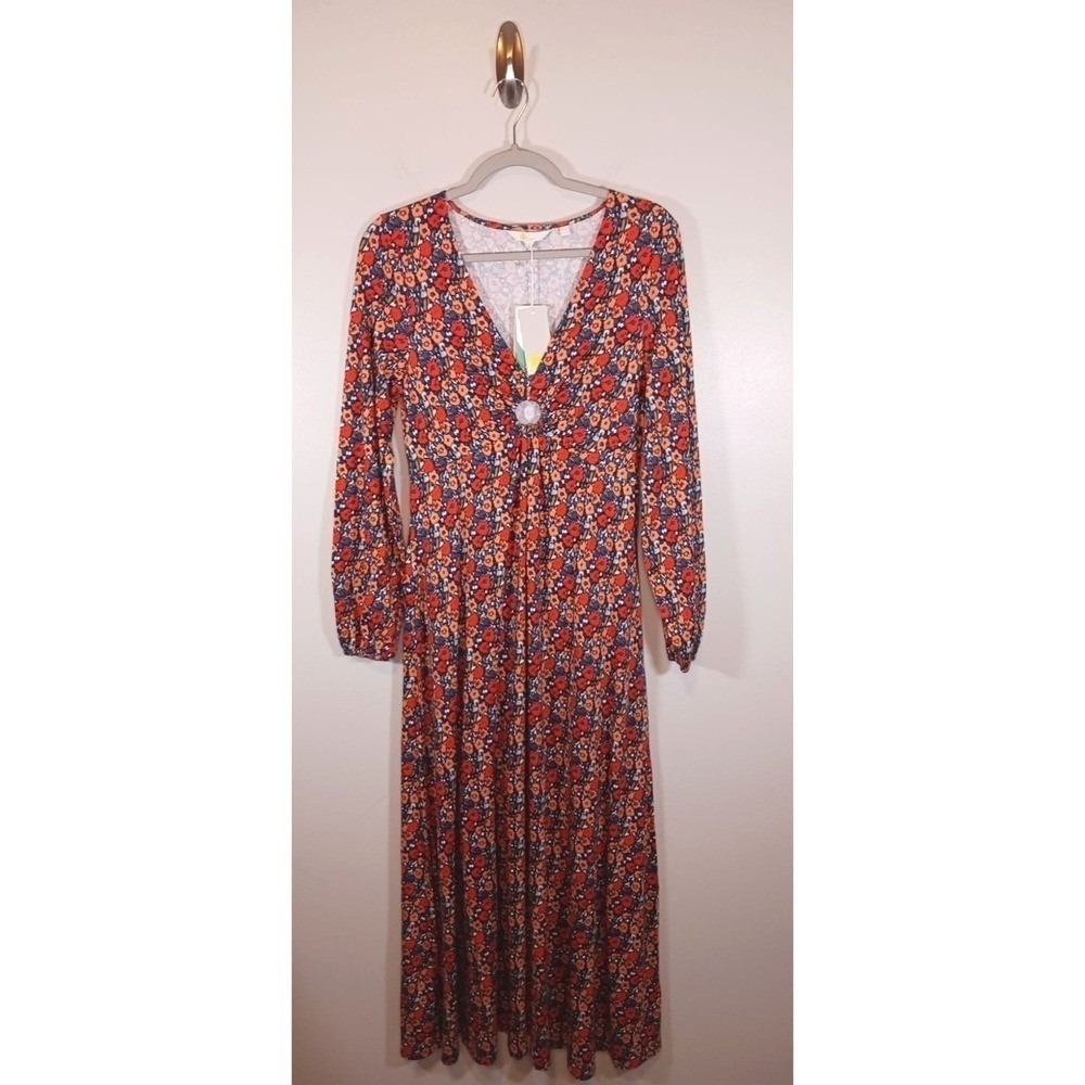 Boden Floral Maxi Dress Womens 6R Poppy Print Keyhole Long Sleeve NWT